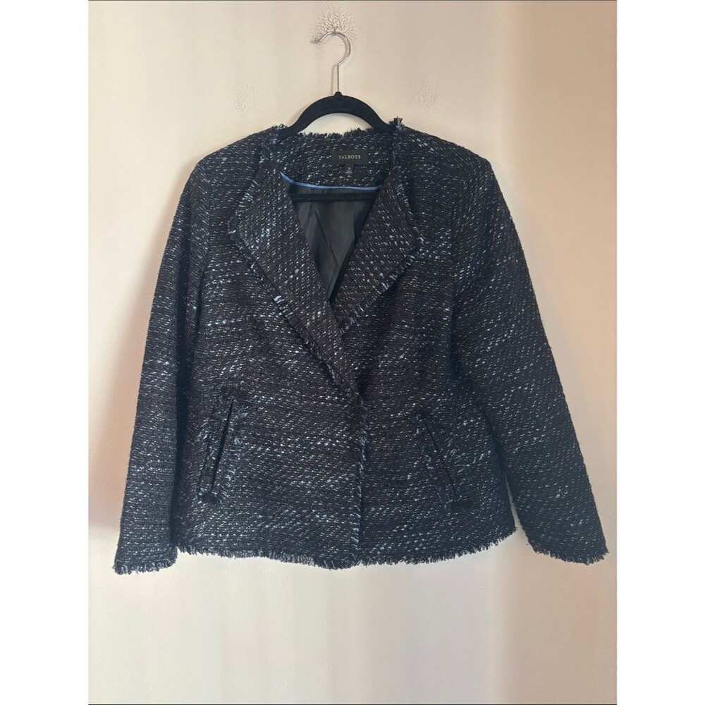 Talbots tweed Black blue double breasted Blazer Jacket Women’s 12 dressy winter